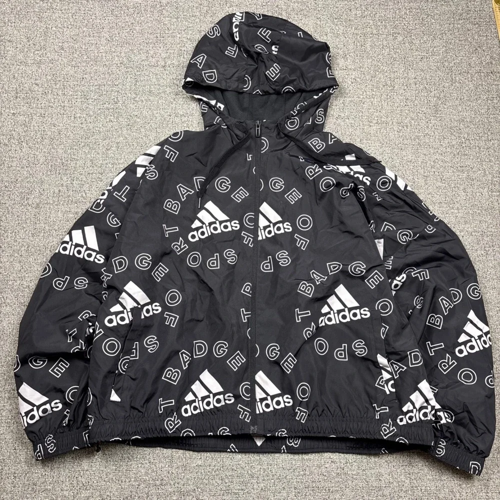 Adidas‎ Badge of Sport Windbreaker Jacket Mens Large Black White All Over HC9177